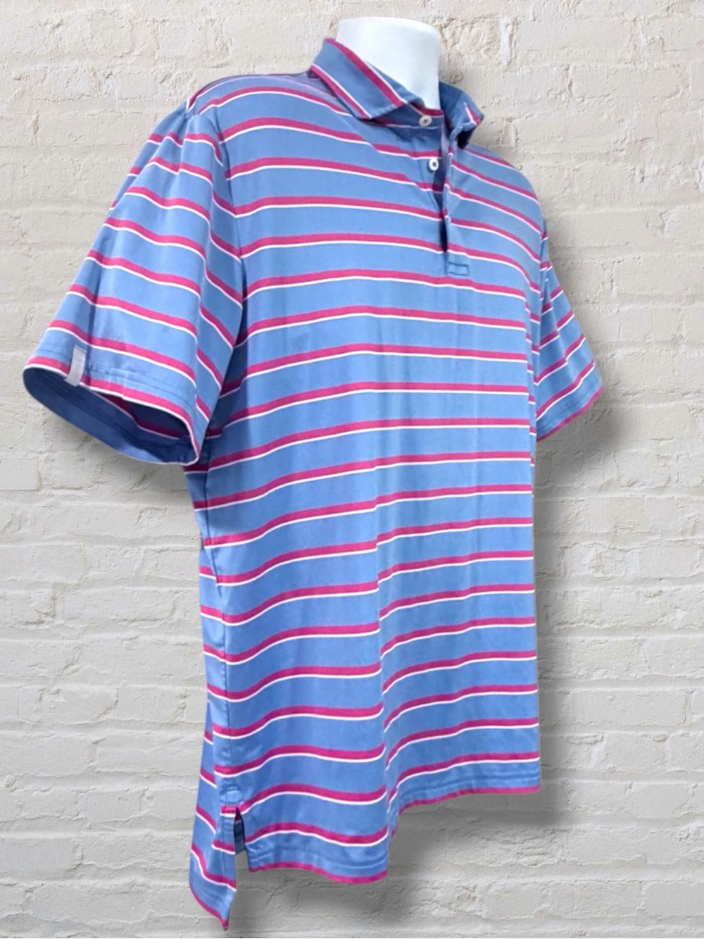 RLX Ralph Lauren Golf Polo Large Blue Pink Stripe Performance Stretch Shirt